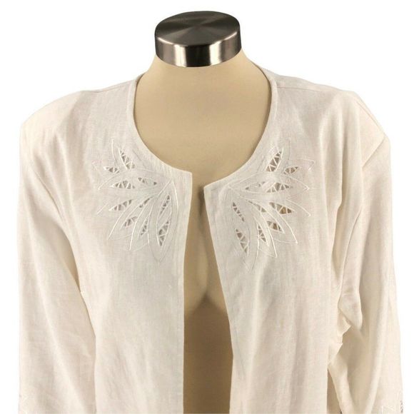 EY Boutique Womens Cardigan 2X XX Ivory Tunic Open Shoulder Pads Linen Long Slv - Picture 2 of 12
